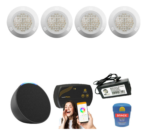 Kit Led Piscina 80m² - 4 Leds 9w + Smart Lux + Alexa