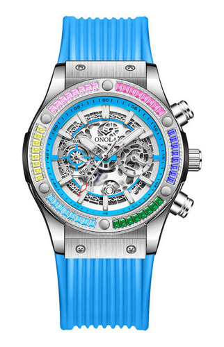 Reloj Mecánico Onola Con Diamantes Huecos Luminosos Color Del Bisel Silver/blue