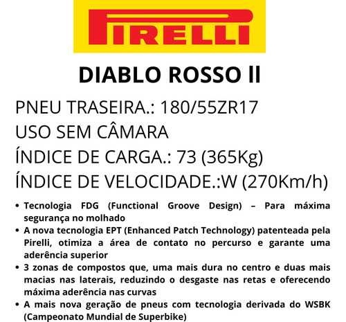 Pneu Moto 180/55zr17 Tras Pirelli Diablo Rosso 2 Sem Câmara