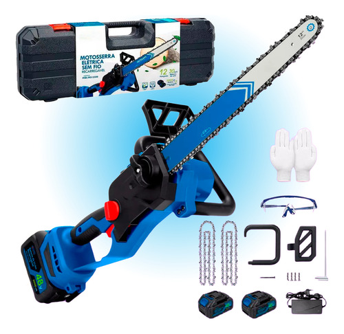Kit Motosserra Elétrica Portátil Recarregável Com 2 Baterias 48v Brushless 12 polegadas 1200w Bivolt 110/220v + Maleta E Acessórios Exbom