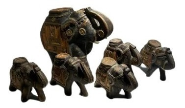 Antiguas Tallas Hindues Elefantes Madera C Apliques De Metal