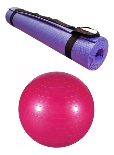 Colchonete Yoga Tapete Bola Exercicios 65 Cm Kit Com 2 Peças Cor Lilás/Rosa