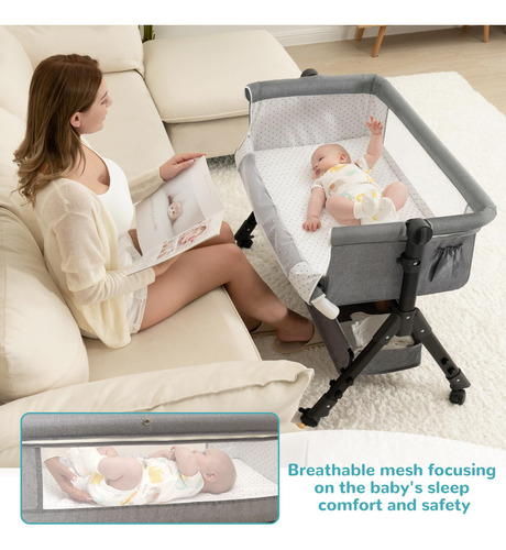 Baby Bassinet Bedside Sleeper 3-in-1 W/ Wheels & Storage Gre