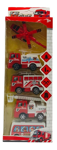 Set Vehiculos De Bomberos Camion Helicoptero Colectivo 10cm Color Multicolor