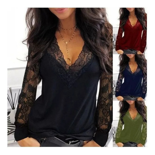 Playera De Encaje Con Manga Larga Y Escote En V Para Mujer