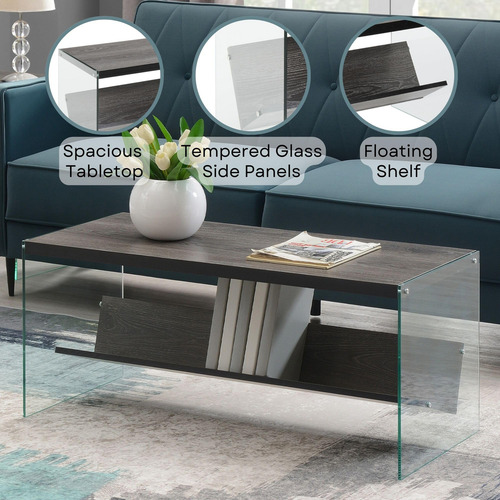 Mesa Auxiliar Gris Desgastado Con Vidrio 76 Cm