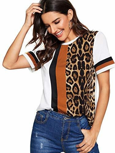 Floerns Casual Mujer Estampado Leopardo Manga Corta Color Bl