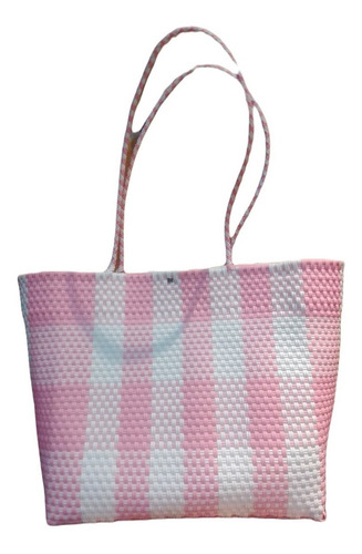 Bolsa Dama Tote Bag Tejido Plástico Artesanal Hecho A Mano Color Rosa