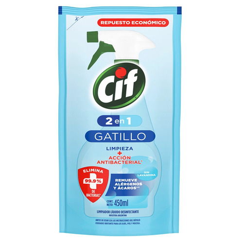 Imagen 1 de 2 de Limpiador Cif 2 en 1 Acción Antibacterial repuesto 450ml