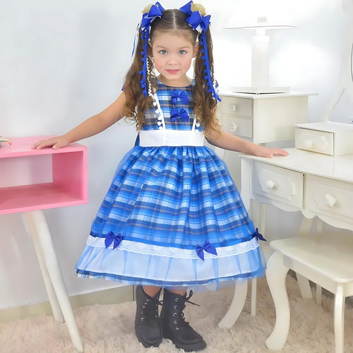 Vestido Infantil Festa Junina Xadrez Azul + 2 Laços