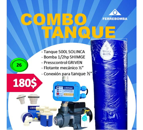 Combo: Tanque 500lts Solinca, Accesorios, Bomba 1/2hp Shimge