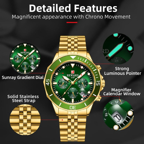 Reloj Reward Luxury Chronograph con calendario de acero inoxidable, color correa, dorado