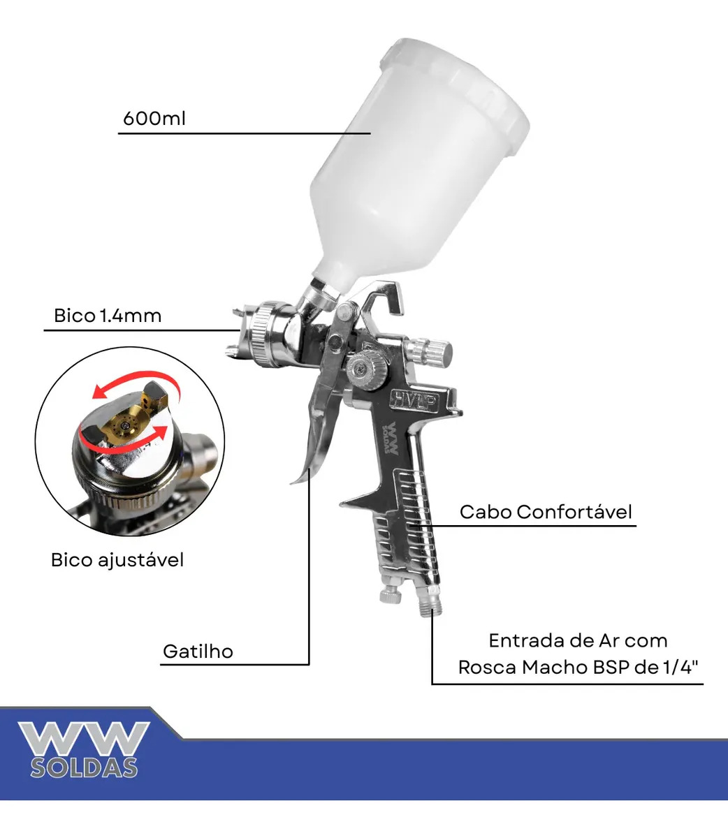 Pistola de pintura automotiva gravidade 1.4mm premium alta pressão cor cromado WWSoldas 827 8