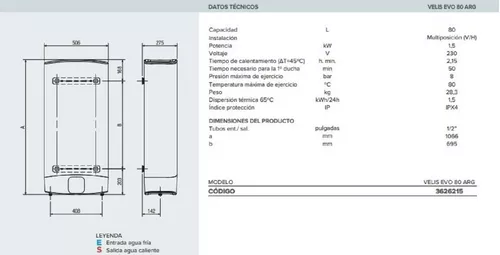 Calentador de agua eléctrico Ariston VELIS EVO 80 Litros