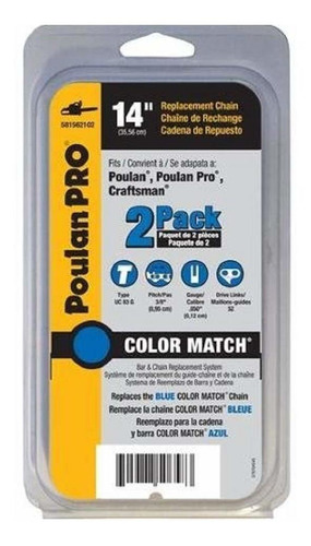 Cadena Repuesto Poulan Pro 14.0 In Para Craftsman 2 Azul