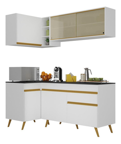 Armário Cozinha Compacta De Canto Veneza Multimóveis V2056 Cor Branco/Dourado