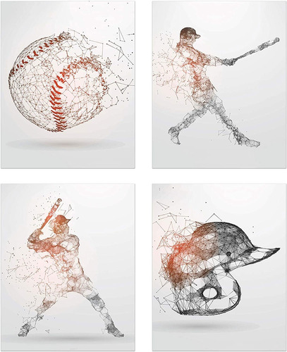 Set 4 Cuadros Decorativos Beisbol Arte Geometrico Tela 