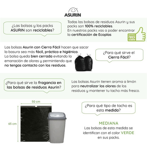 Imagen 2 de 4 de Bolsas Residuo Asurin Rollo 50x65 Mediana Negra 50 Unid