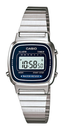 Relógio de pulso Casio Youth LA670WA-1 com corpo prateado,  digital, para feminino, fundo  azul, com correia de aço inoxidável cor prateado, subdials de cor preto, ponteiro de minutos/segundos preto, bisel cor prateado e fivela de gancho