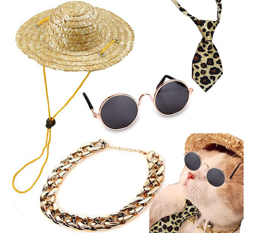 Pack 4 Gafas Gato, Cadena Oro, Corbata Y Sombrero Paja