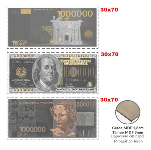 Quadro De 1 Milhão De Reais, Euro E Dólares Kit Com 3 Dourado Preto