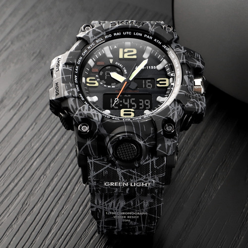 Reloj Ana-digi Hombre Skmei 1155 Crono Alarma Luz Sumergible Estilo Militar Camuflado