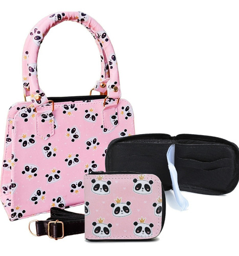 Kit Infantil Mini Bolsa Castelo Com Carteira De Panda Acambamento dos ferragens Douradas Cor Panda Rei Cor da correia de ombro Preta