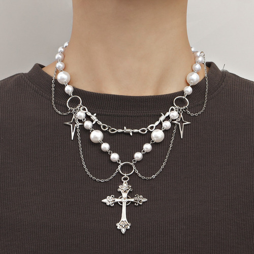 Collar Simple Con Cuentas De Perlas En Capas De Estilo Punk