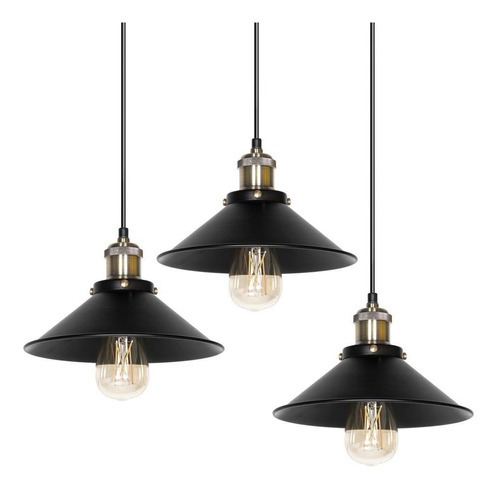 3 Luminárias Pendente Loft Hat Chapéu Retro Industrial Cor Preto