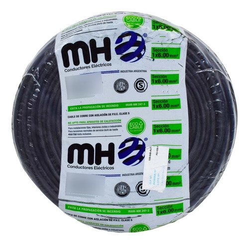 Cable Unipolar 6mm Normalizado Iram Mh X 20mts Cubierta Negro