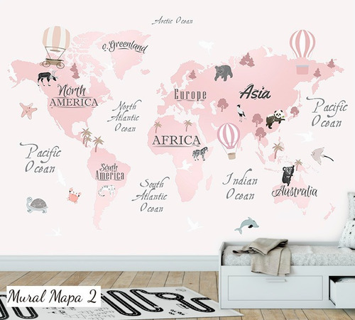 Vinilos Mural Mapa, Mapamundi Animales Deco Gigantografia