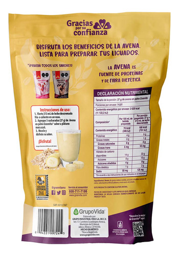 Avena En Polvo Granvita Plátano Mora Azul 400g