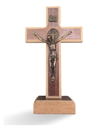 Crucifixo Madeira Metal De Mesa São Bento 13cm