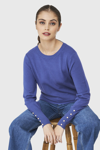 Sweater Punto Fino Detalles Perlas Azul Acero Nicopoly