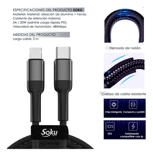 Soku Cable Pro Lighting A Usb C 3a 27w Pd Rudo Para iPhone Color Negro