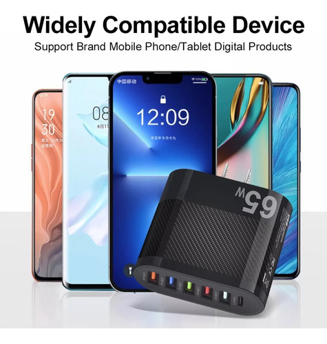 Cargador Usb 65 W Carga Rápida 5 Usb A + 1 Usb C