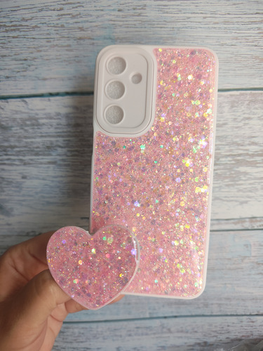 Funda De Brillo Y Pop De Corazón Para Samsung A34 Blanco-rosa
