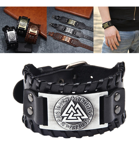 Pulsera De Tótem Vikingo Odin Triangle Pu Cuero Plata