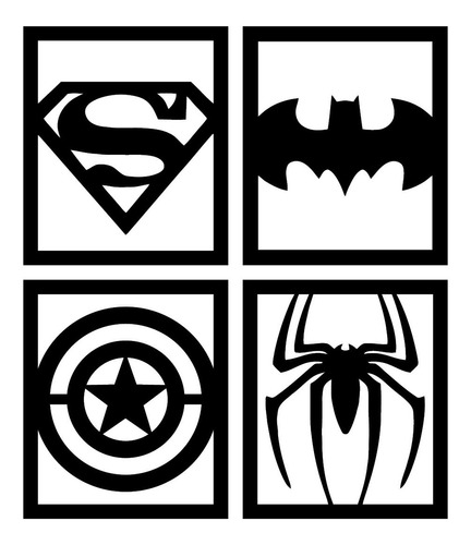 Cuadro Super Heroes Logos M Cuadríptico Negro Mdf Calado 