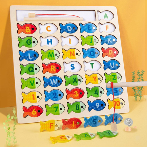 Pesca Magnético Madera, Juegos Conteo Peces Del Alfabeto