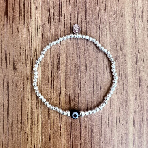 Pulsera Bolitas De Plata 925 Y Ojo Turco Amuleto Agálea Color Negra Diámetro 5 cm Largo 17 cm