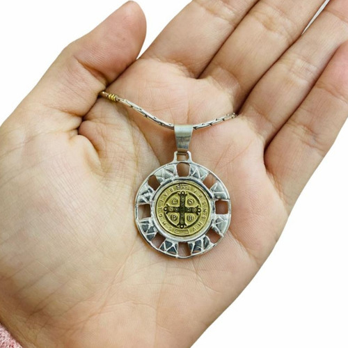 Cadena Medalla San Benito Plata 925 Oro Redondo Religioso