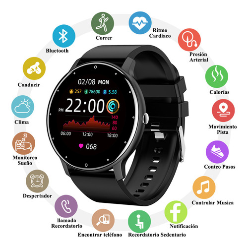 PTHORSE Smartwatch Zl02 Pantalla Táctil De 1,28 Pulgadas Relojes Inteligentes Monitor De Salud Correa De Silicona Negro