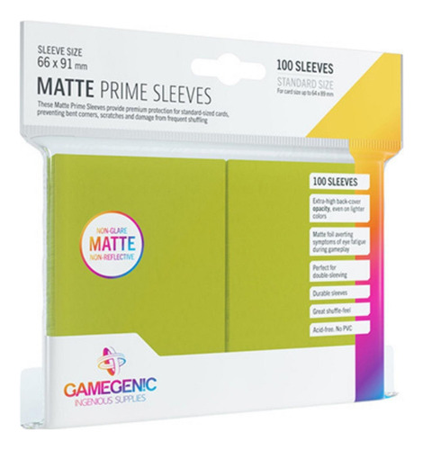 Gamegenic: Matte Prime Sleeves (lima) 100 Unidades 64 X 89mm