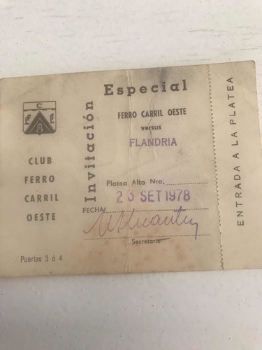 Entrada Antigua De Fútbol Ferro - Flandria Año 1978 (Usado)