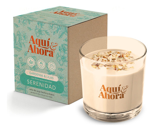 Velas De Soja Premium 190 Gr - Aquí & Ahora Blanco Serenidad Gardenia Lilas Con Topping De Flores Secas Naturales.
