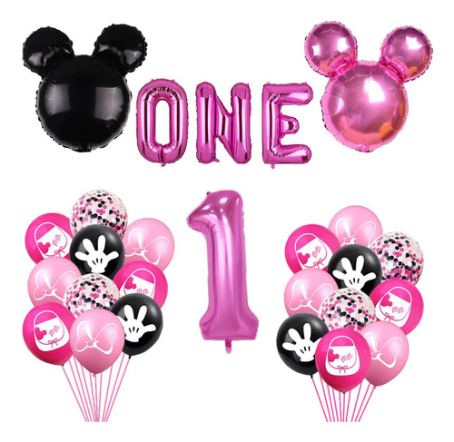 Globo Primer Cumpleaño Inspirado Minnie Rosa Negro Pancarta