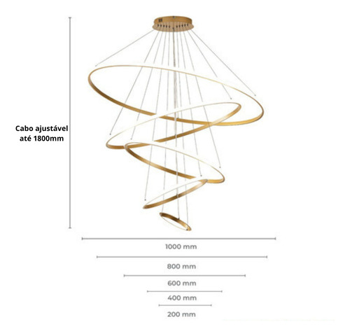 Lustre Led Moderno Pendente Anéis 5 Arcos Pé Direito Duplo