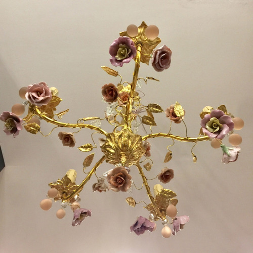 Antigua Araña Francesa Rococo Flores De Porcelana 5 L 1930 (Usado)
