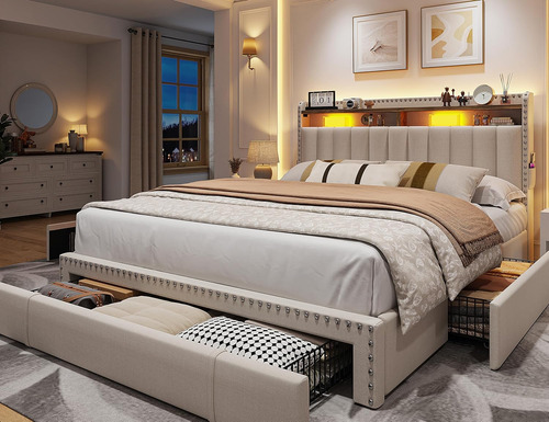 Base De Cama Matrimonial Con Cajones Beige Enhomee